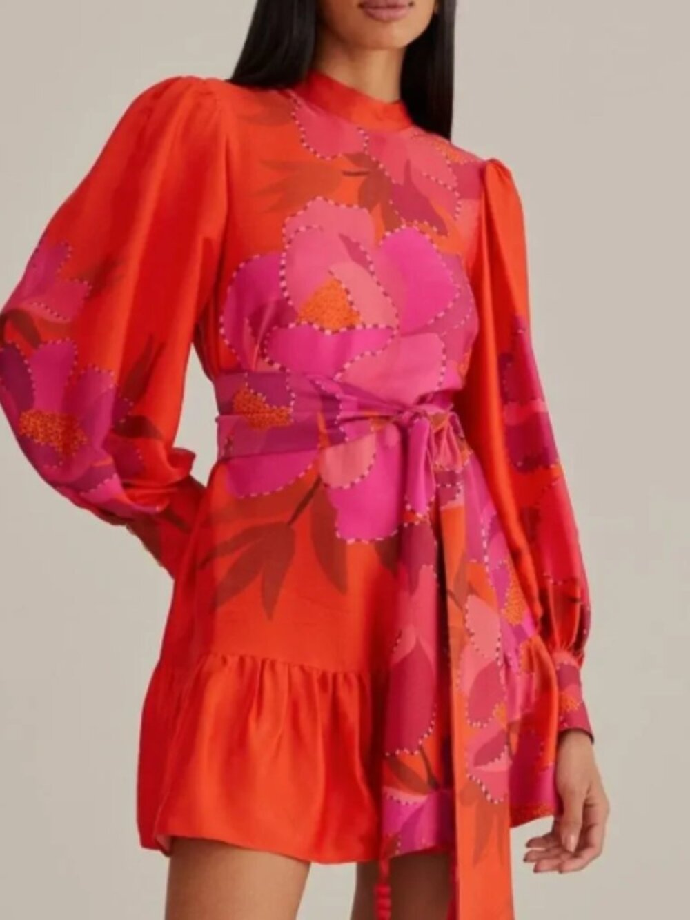 FARM RIO Satin Long Sleeve Mini Dress Peony Red - Picture 1 of 1